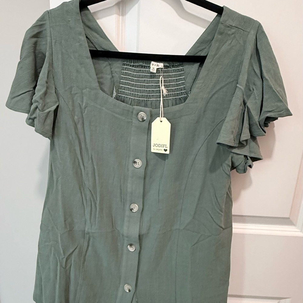 JODIFL Sage Button-Up Blouse with Ruffle Sleeves